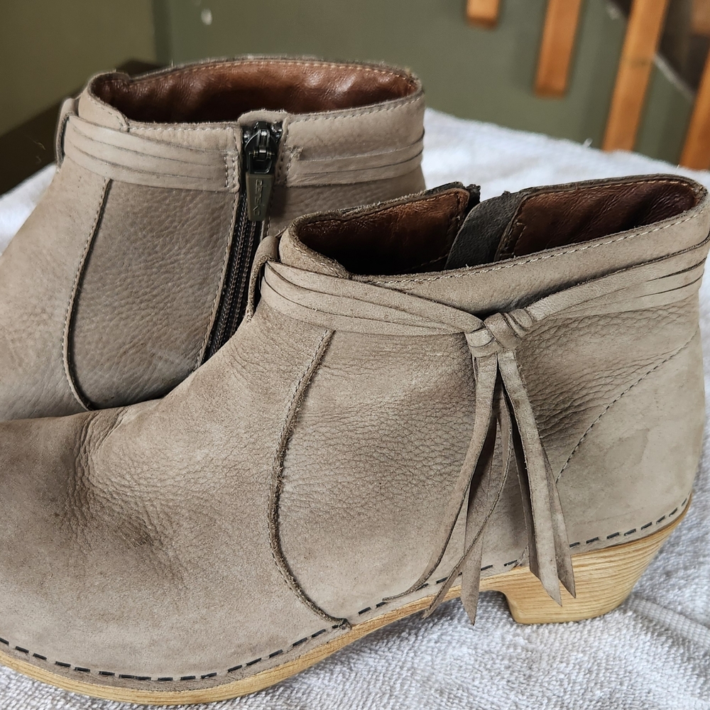 Dansko Tan Ankle Booties with Side Zipper and Low Heel
